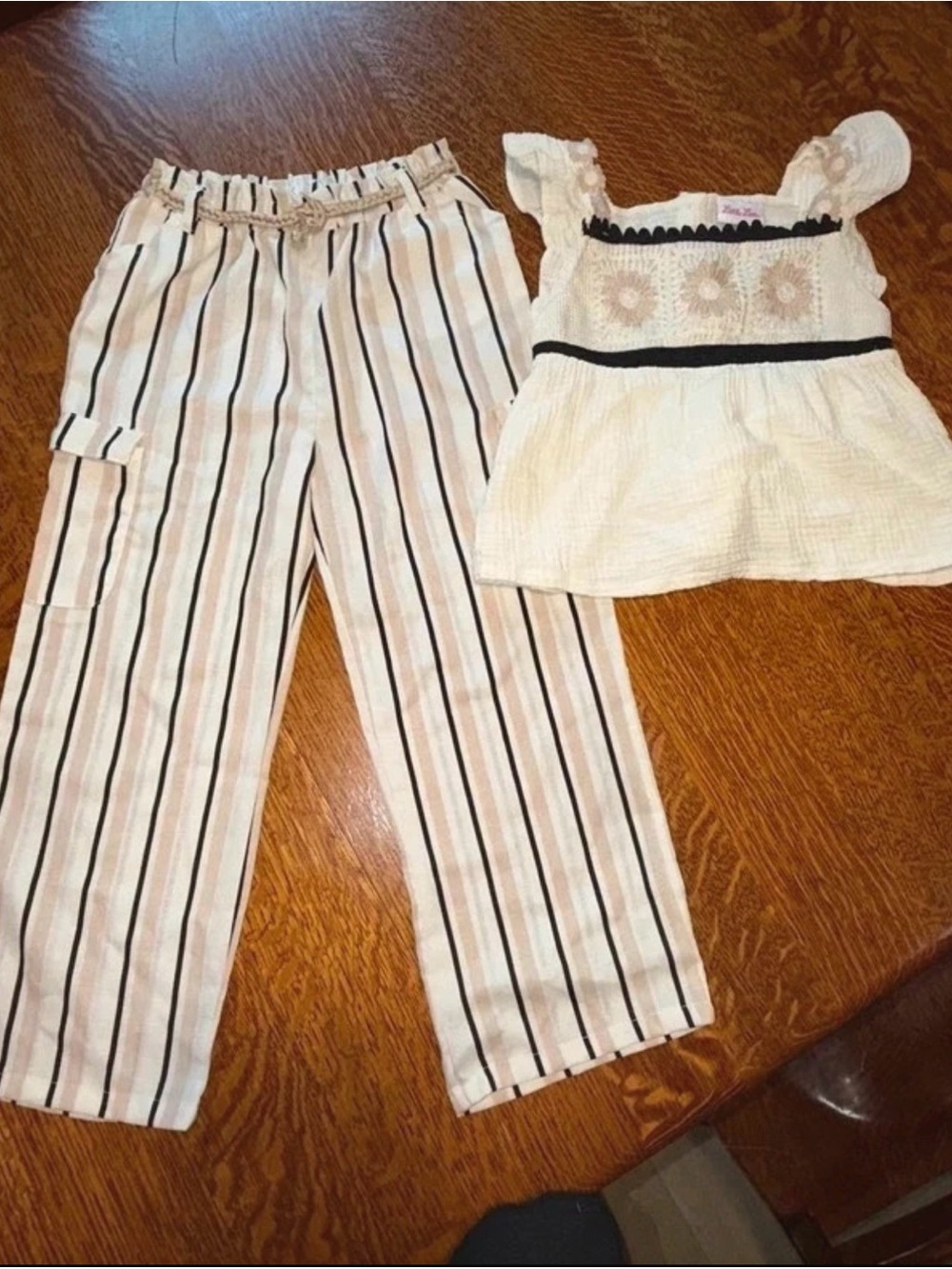 Girls' Cream Striped Set with Floral Eyelet Top